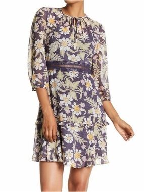 Donna Morgan Floral Tiered Chiffon Mini Dress with Lace waist detail